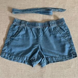 Loft Chambray Blue Shorts L Elastic Waist Matching Belt Pockets Tencel Lyocel
